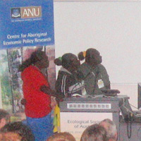 Djelk Women rangers Jodie Kelly, Felina Campion and Selma Campion presenting at the Ecological Society of Australia Indigenous symposium 2010 with Emilie Ens.